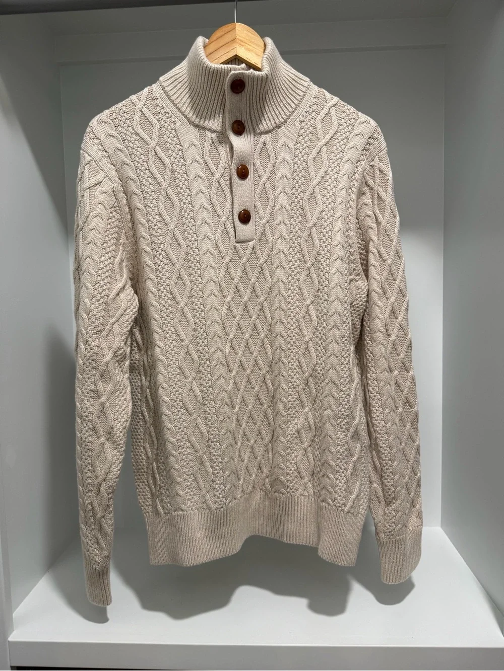 NEW J. Crew Cable-knit mockneck buttoned sweater hthr oatmeal BU292 $138 Medium